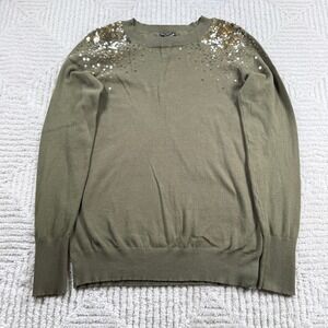 Express Sequin Shoulder Sweater Women's Small Olive Green Sparkle Glam Festive